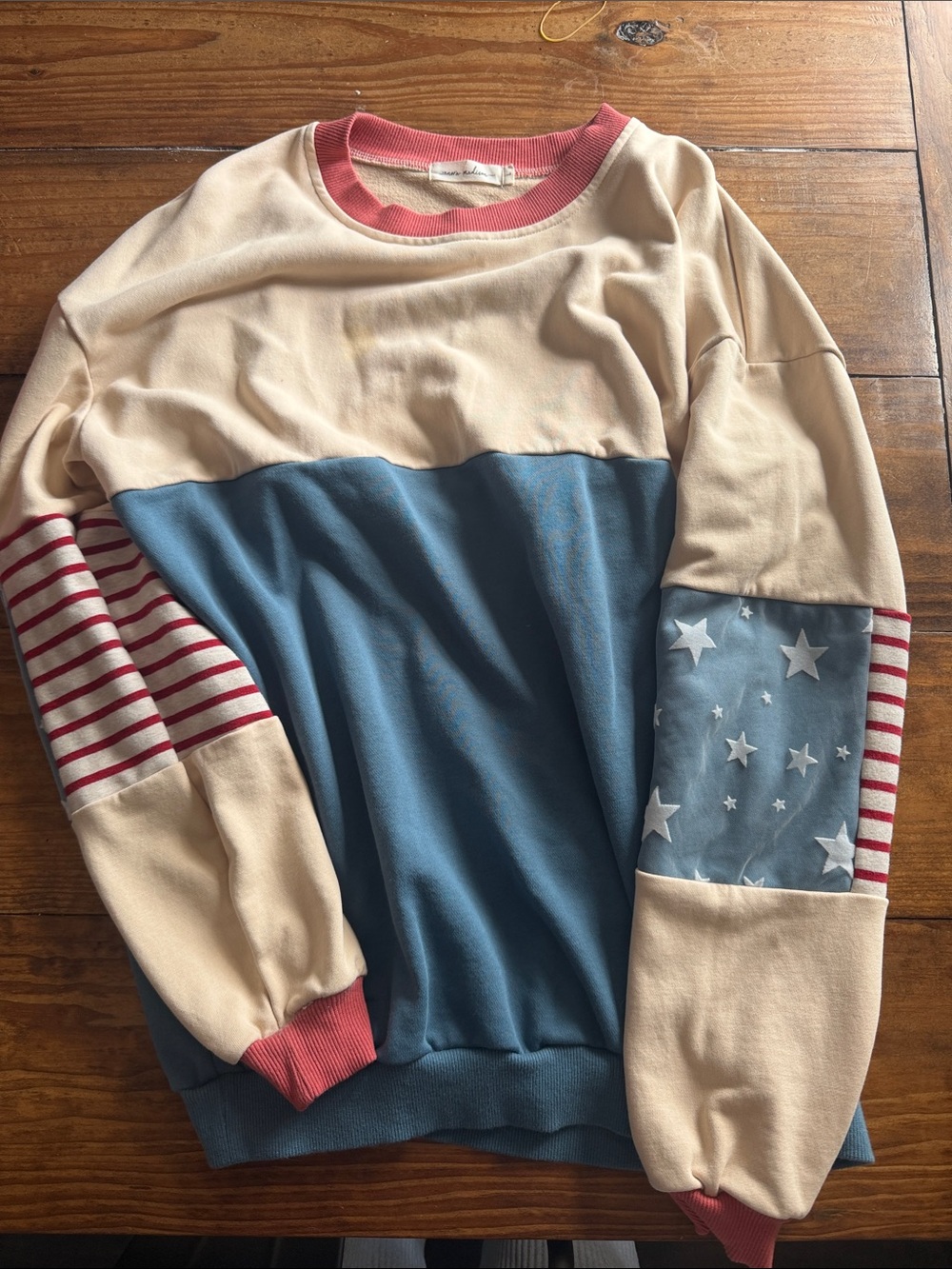 Boutique Colorblock Crewneck Sweatshirt in Blue, Cream & Red-Pink Trim